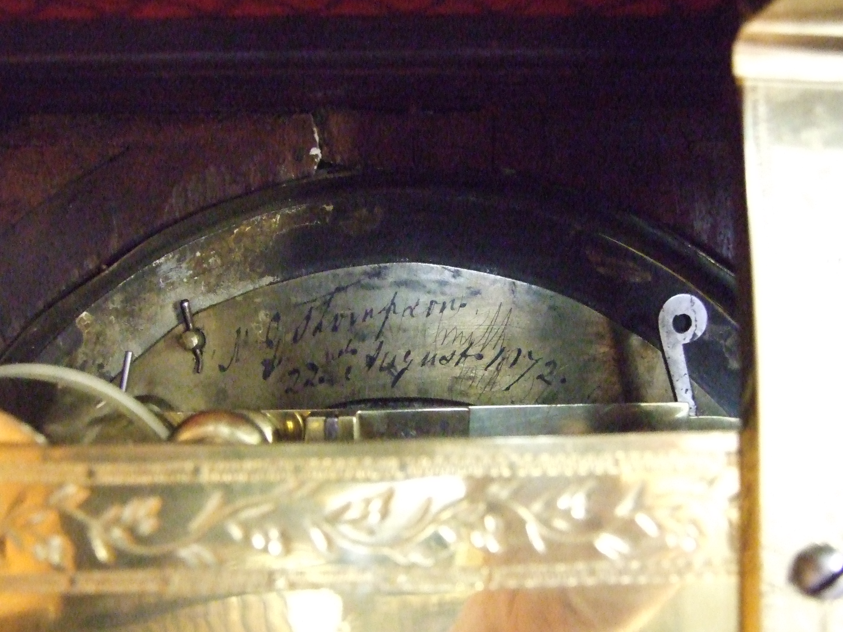 A Regency mahogany bracket clock, the case with brass detail, pierced side panels, carrying - Image 4 of 4