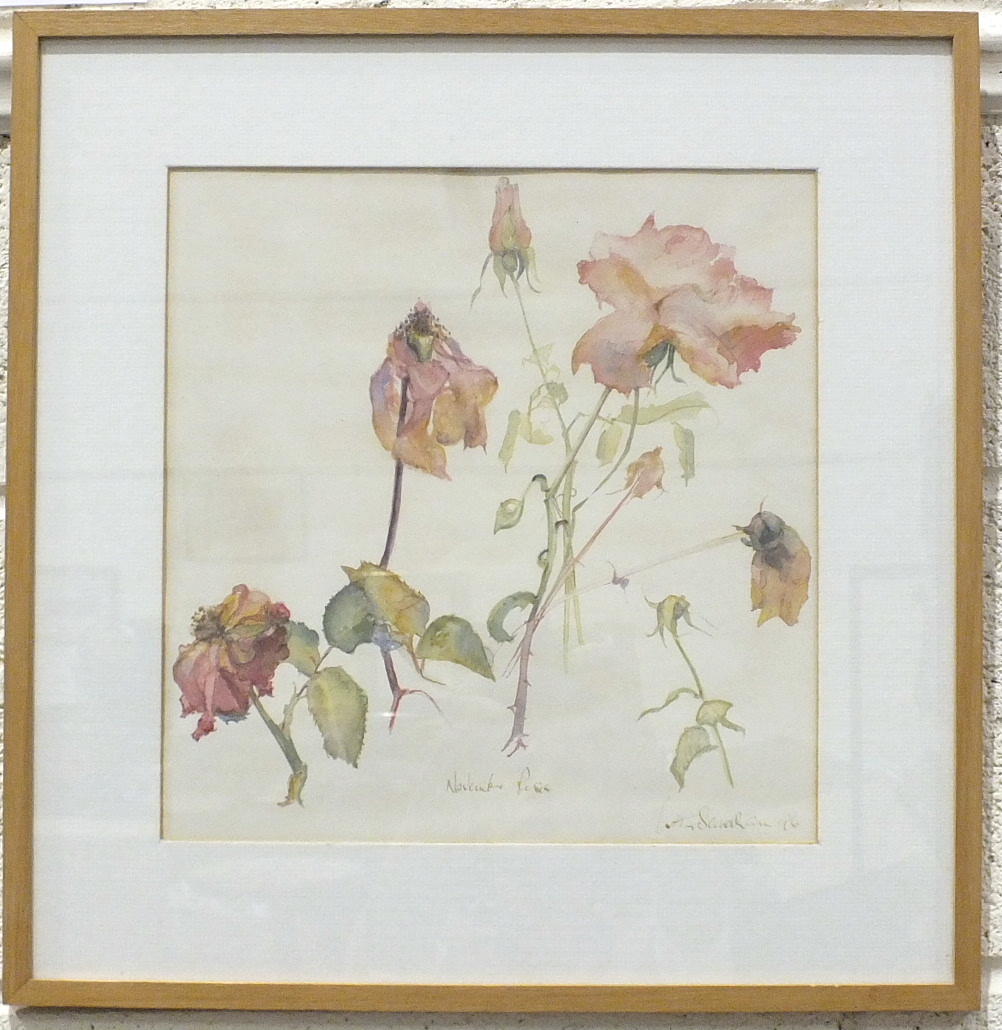•Betty Sandham NOVEMBER ROSES Signed watercolour, dated '96, 31 x 30cm.
