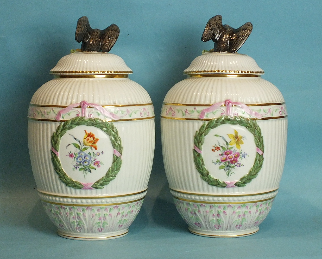 A pair of late-19th century Berlin baluster-shaped vases and covers, each with fluted body painted - Image 2 of 5