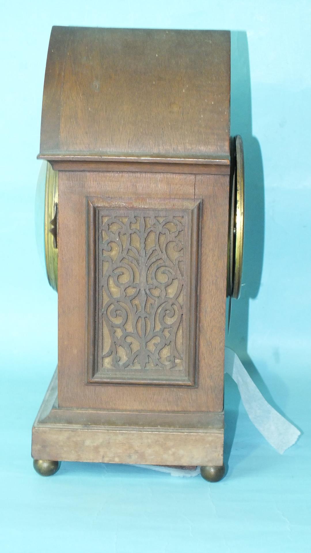 An Edwardian inlaid mahogany mantel clock, the lancet-shaped case inlaid with foliate marquetry, - Image 2 of 4