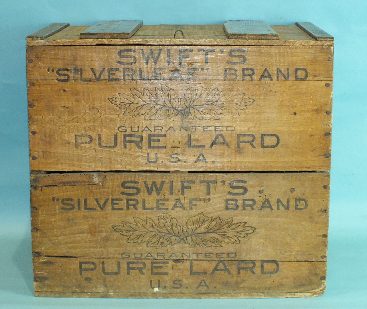 Two nailed wood boxes, "Original Swift's Silverleaf Brand Guaranteed Pure Lard, USA", 50cm wide,