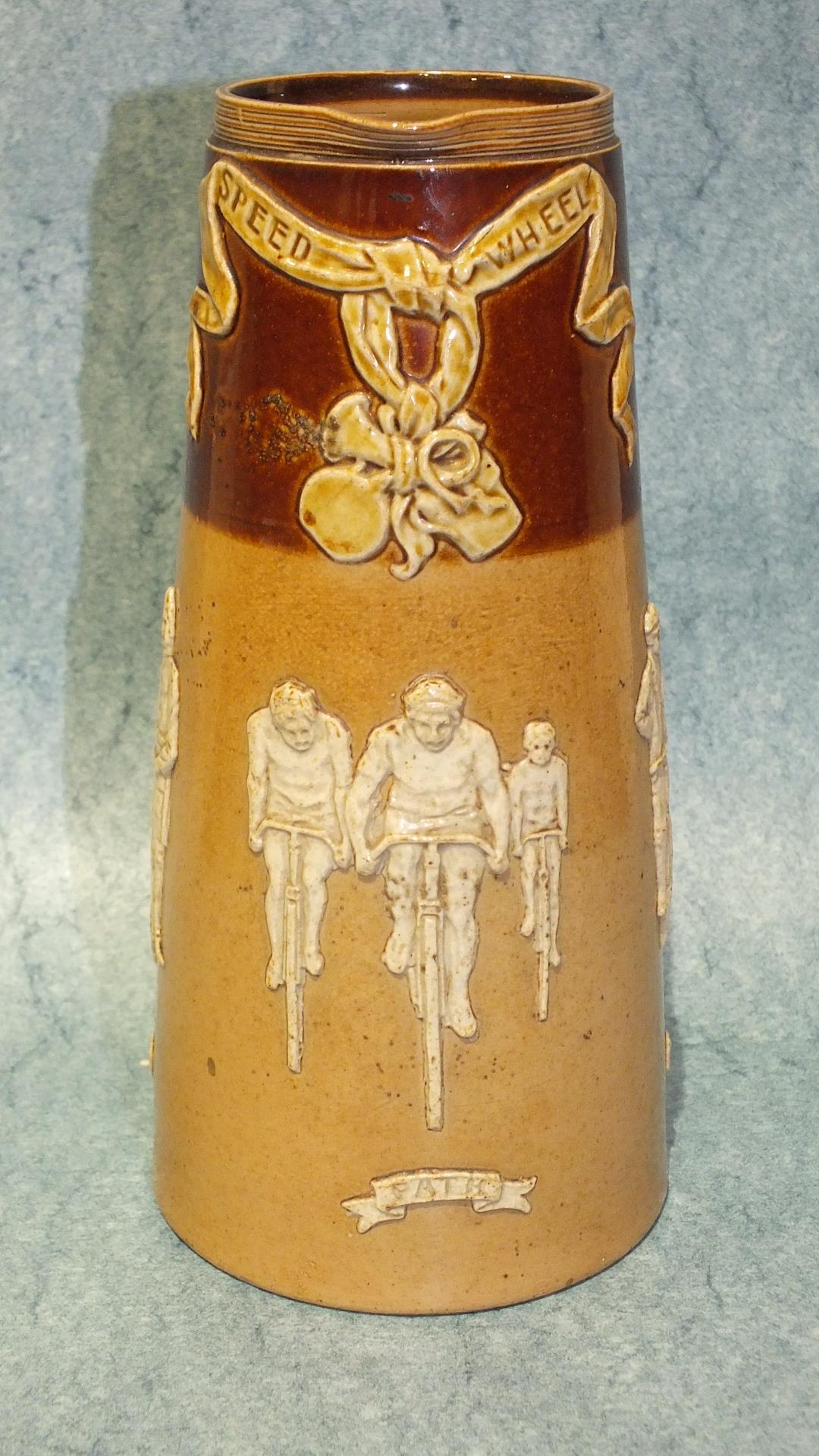 A Doulton Lambeth stoneware tapered jug with applied figures of cyclists, 'Military, Path and Road', - Image 2 of 6