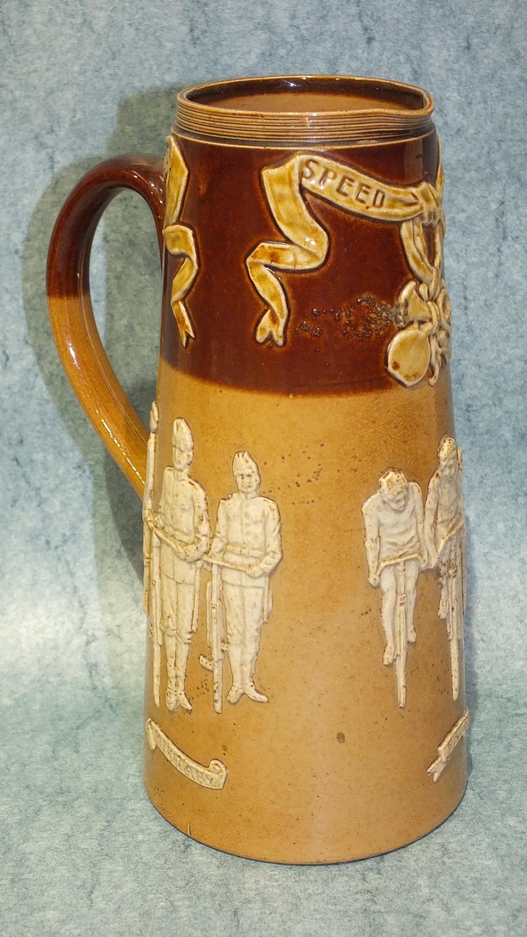 A Doulton Lambeth stoneware tapered jug with applied figures of cyclists, 'Military, Path and Road',