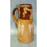 A Doulton Lambeth stoneware tapered jug with applied figures of cyclists, 'Military, Path and Road',