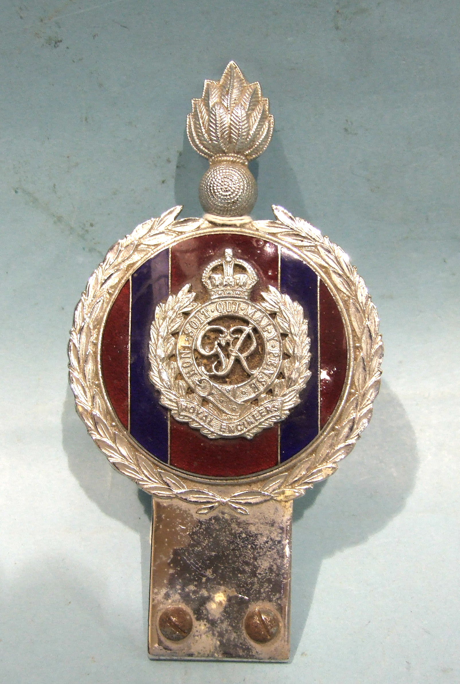 A Royal Engineers enamelled-chromium car badge stamped 'A/113', by J R Gaunt Ltd, London, 14.5cm.