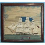 A 19th century wool-work picture depicting HMS Revenge, a three-masted warship flying a white ensign
