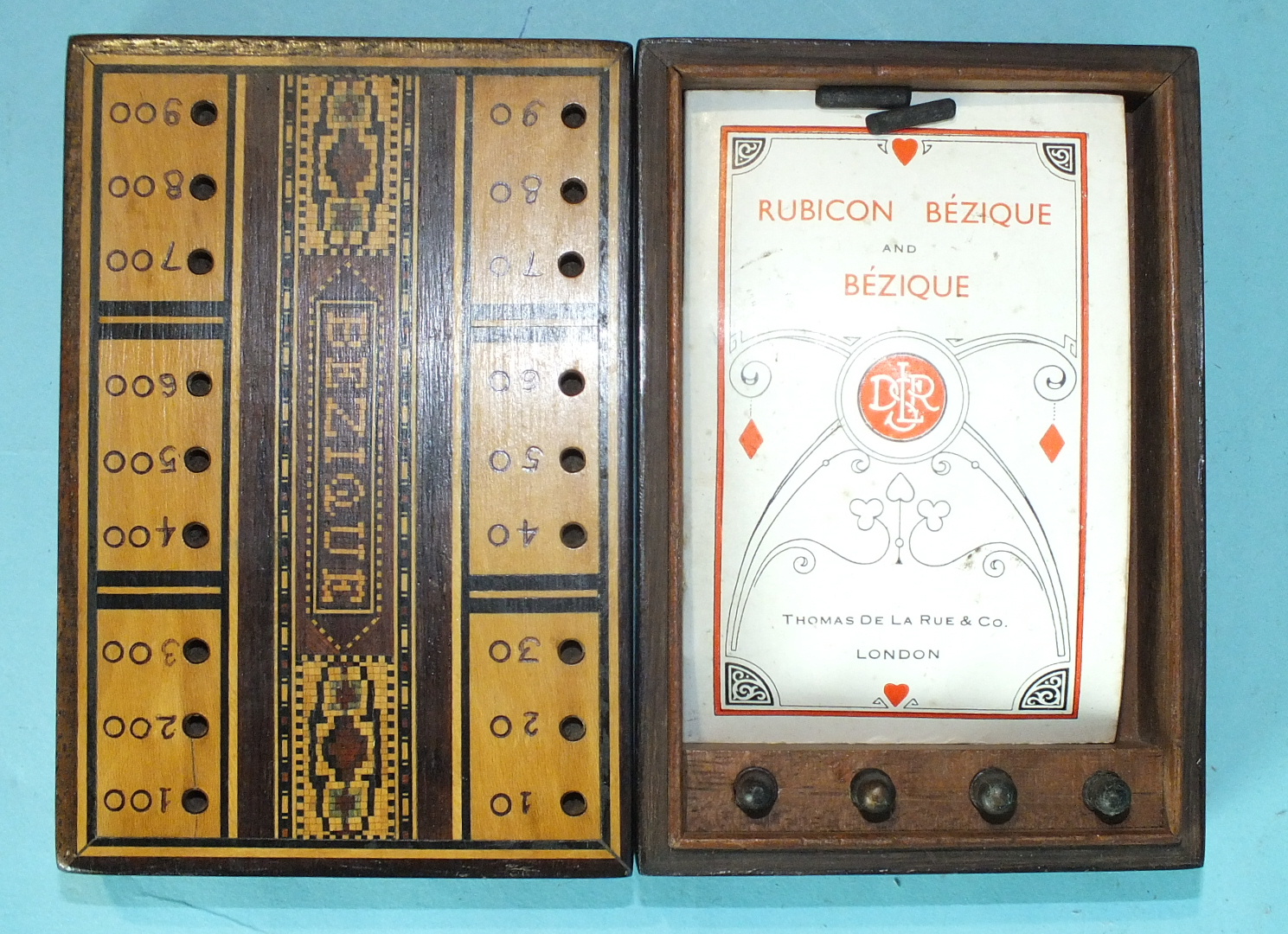 A T Barton, Tunbridgeware, 'Bezique' playing cards box/score marker, with paper label, 12.5cm - Image 2 of 3