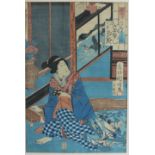 A Japanese hand-coloured print depicting a female figure in an interior, 36 x 24cm.