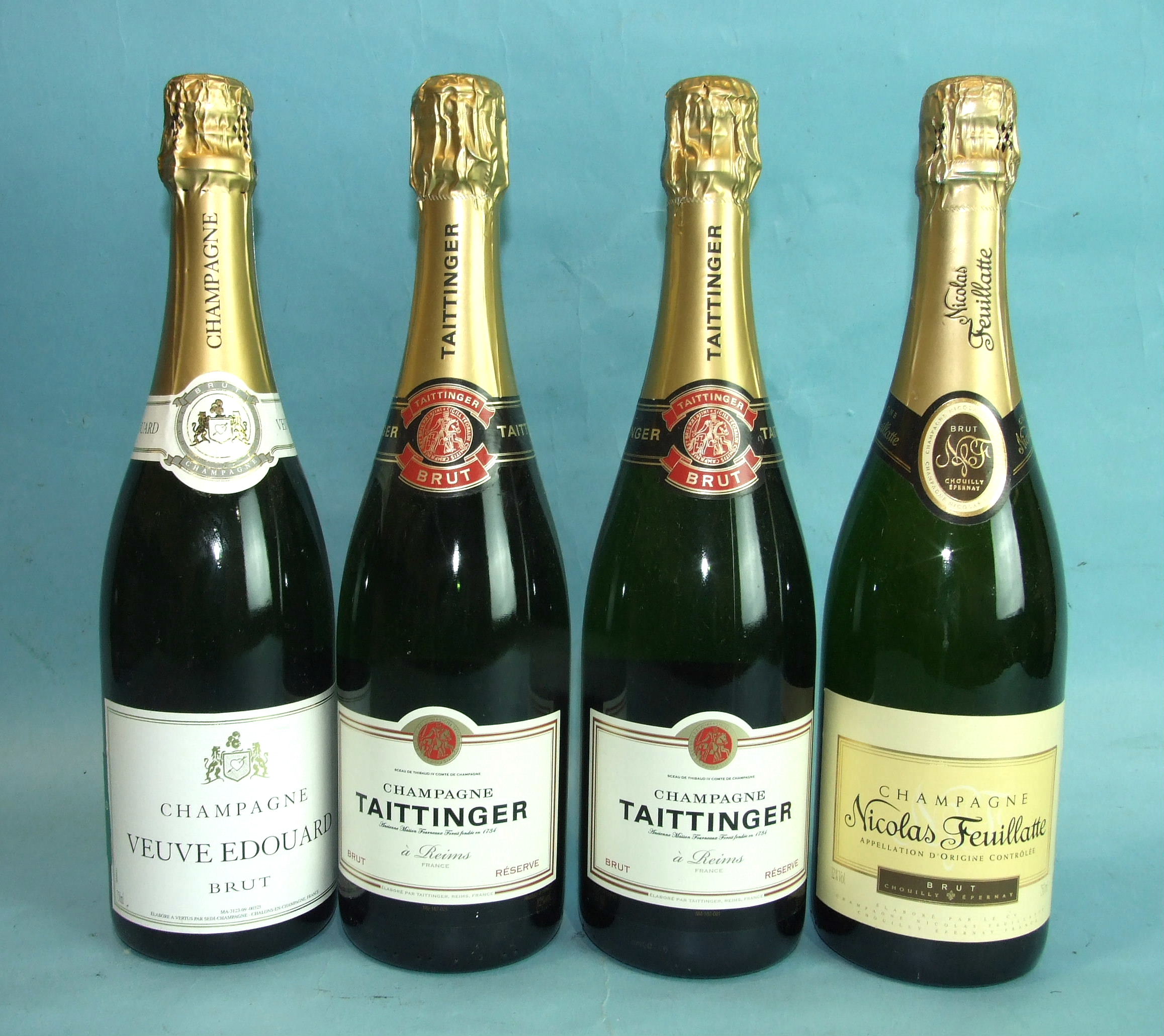 Tattinger Brut Champagne, two bottles, Nicolas Feuillatte Brut Champagne, one bottle and Veuve