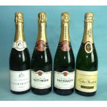 Tattinger Brut Champagne, two bottles, Nicolas Feuillatte Brut Champagne, one bottle and Veuve