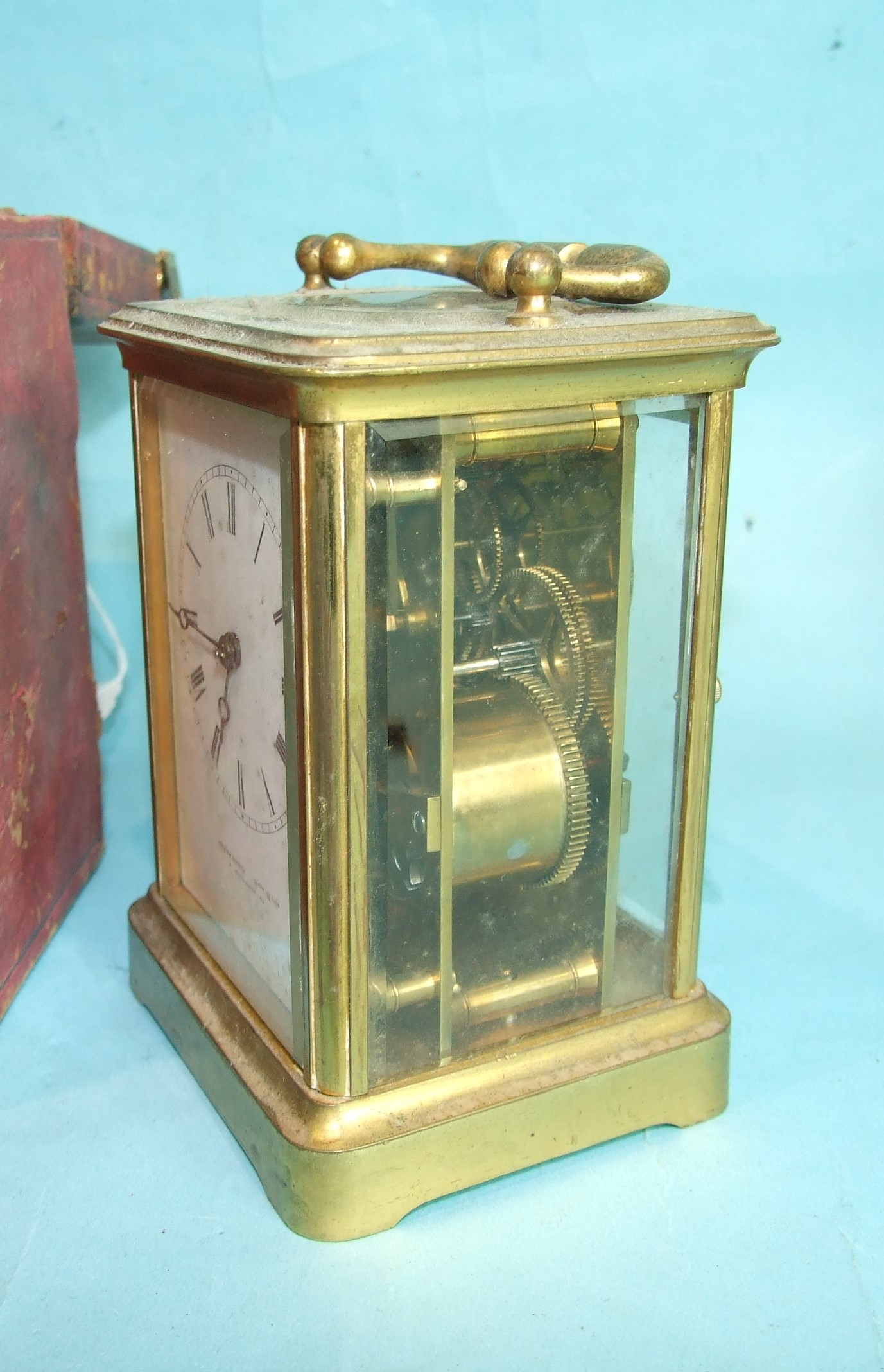 A 19th century French brass carriage clock with bell-striking movement, the white enamel dial signed - Image 2 of 3