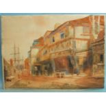 J Stewart OLD BUILDINGS, PLYMOUTH Signed, unframed watercolour, titled label verso, 50 x 68cm.