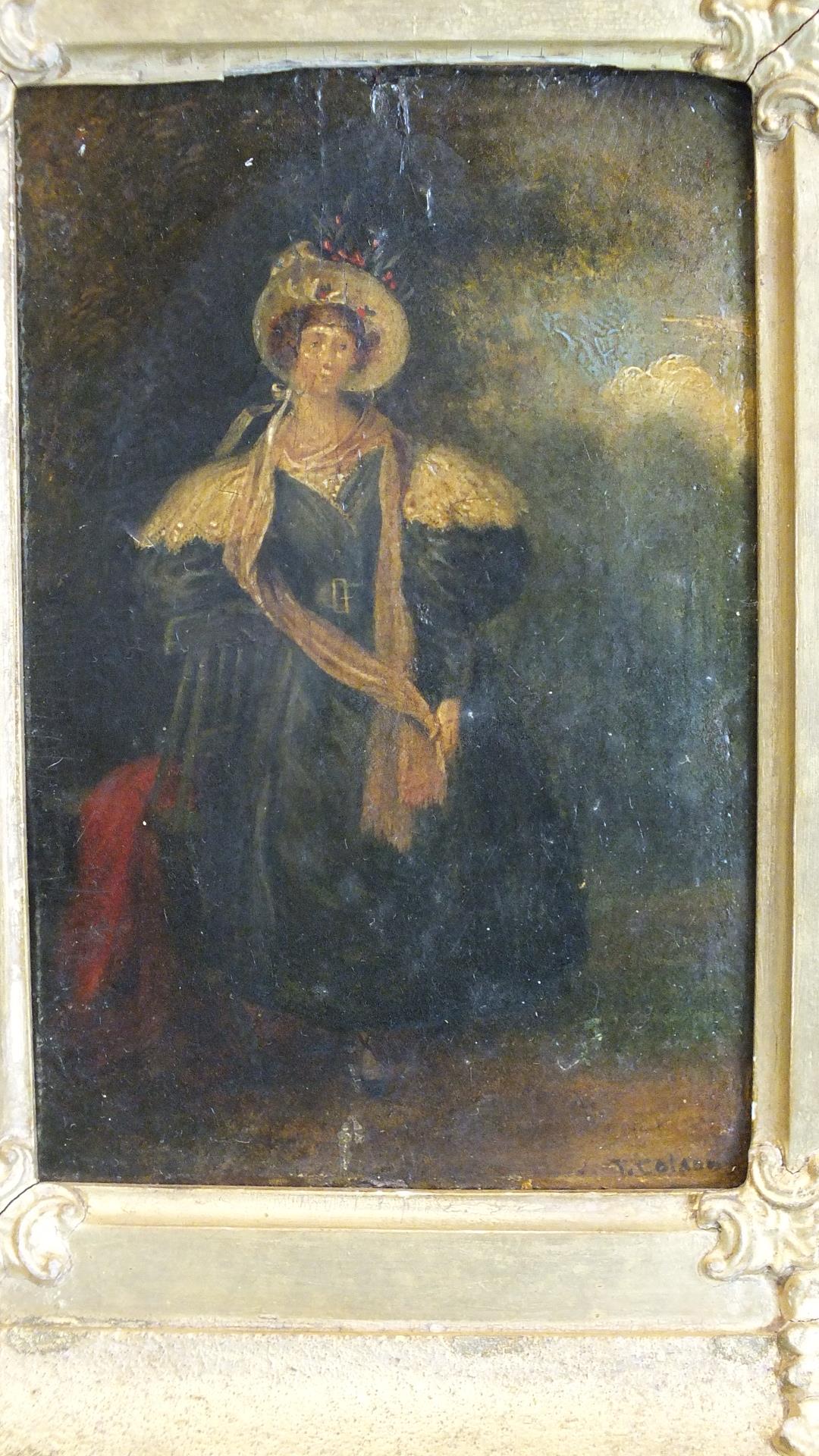 V Collard, 19th century FEMALE FIGURE IN 18TH CENTURY COSTUME, IN LANDSCAPE Signed oil on card, 15 x - Image 2 of 3