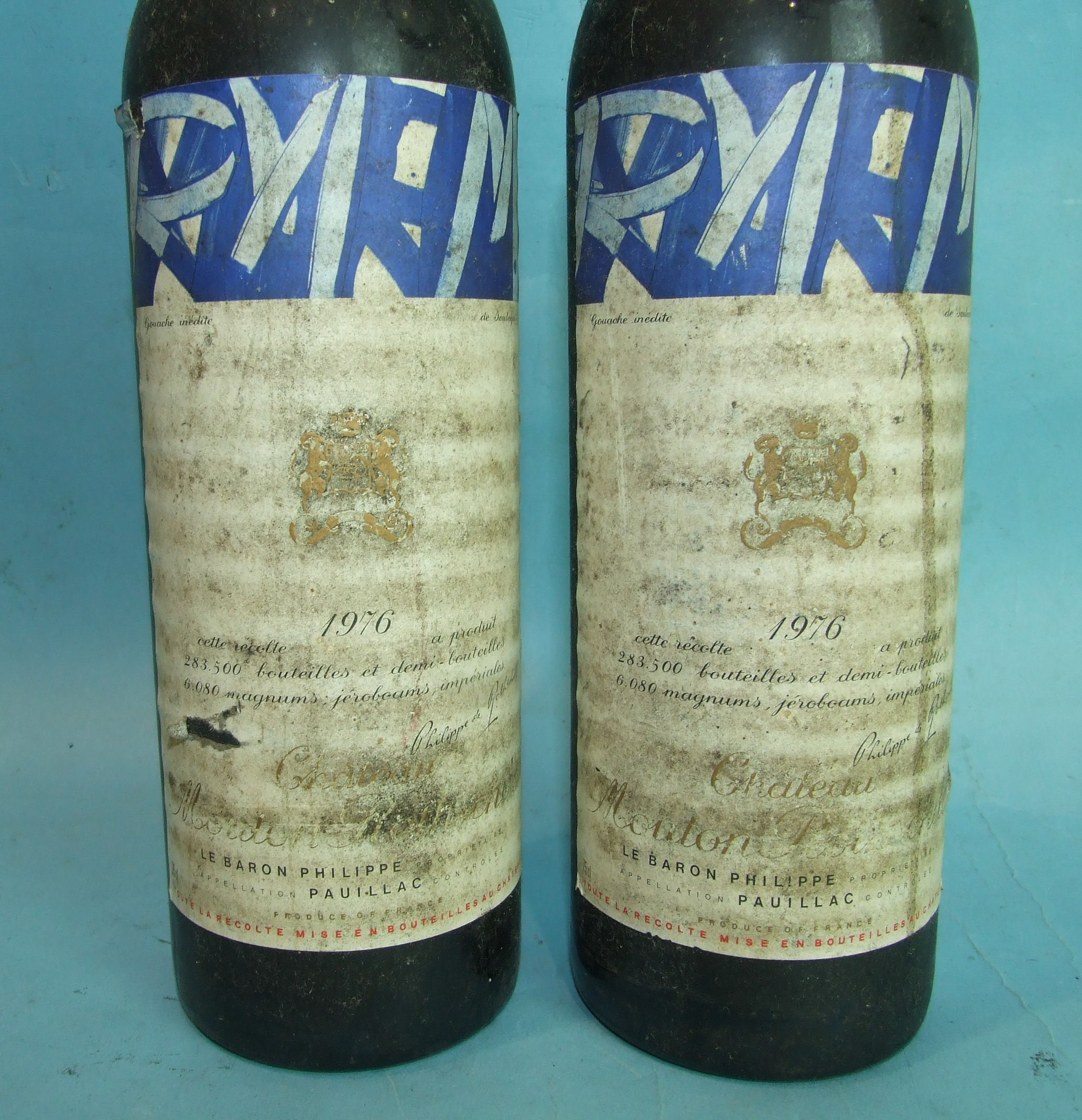 Chateau Mouton Rothschild 1976, 1er Grand Cru Classé, two bottles, labels soiled, high shoulder - Image 2 of 2