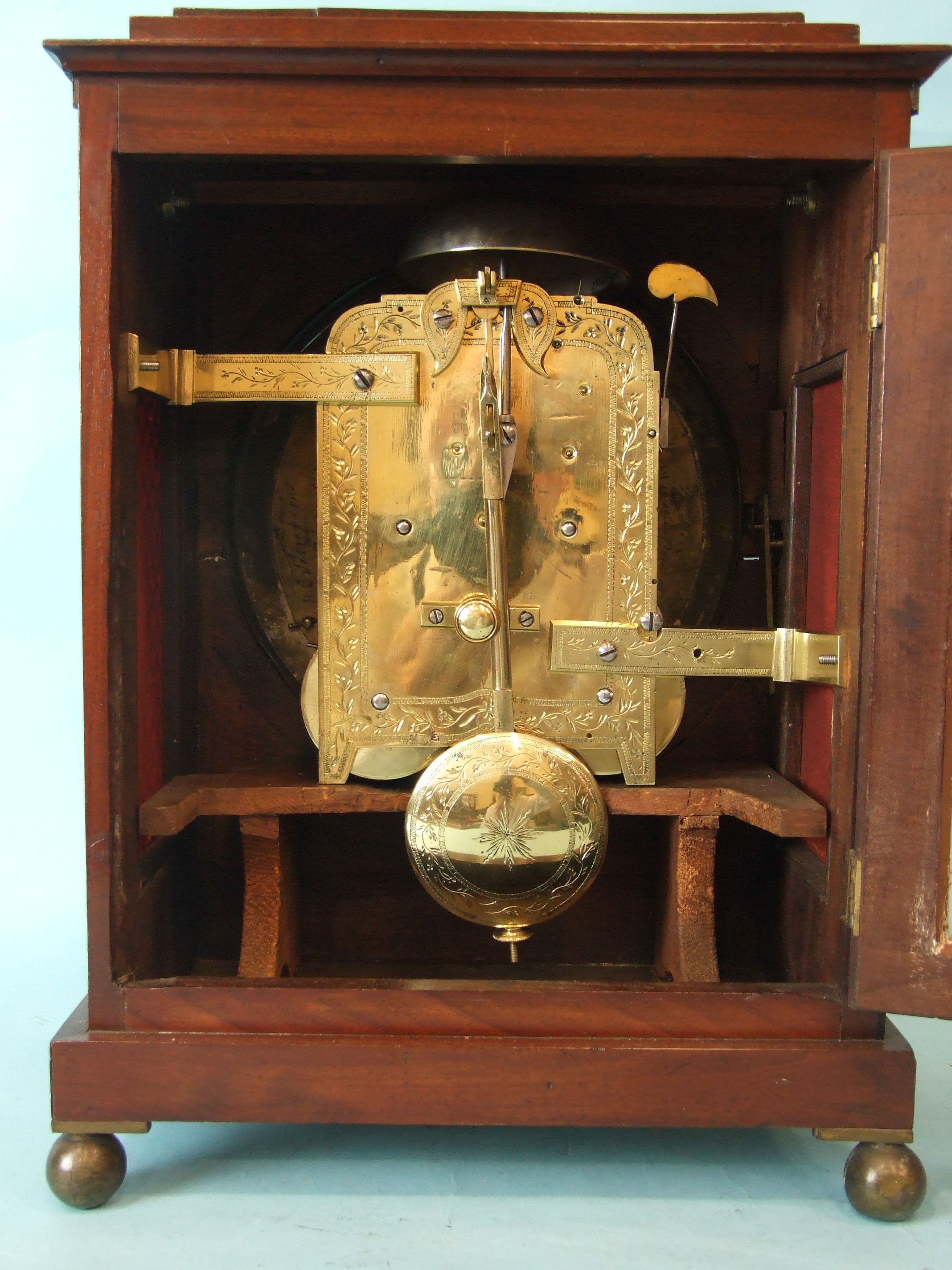 A Regency mahogany bracket clock, the case with brass detail, pierced side panels, carrying - Image 2 of 4