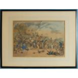 A Rowlandson hand-coloured engraving, 'Rural Sports - Smock Racing', 24 x 34.5cm, gallery label