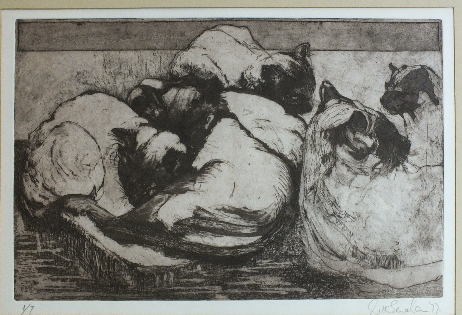 •After Betty Sandham, 'Seria Siamese', an etching and aquatint, signed and dated '77 with pencil - Image 2 of 3