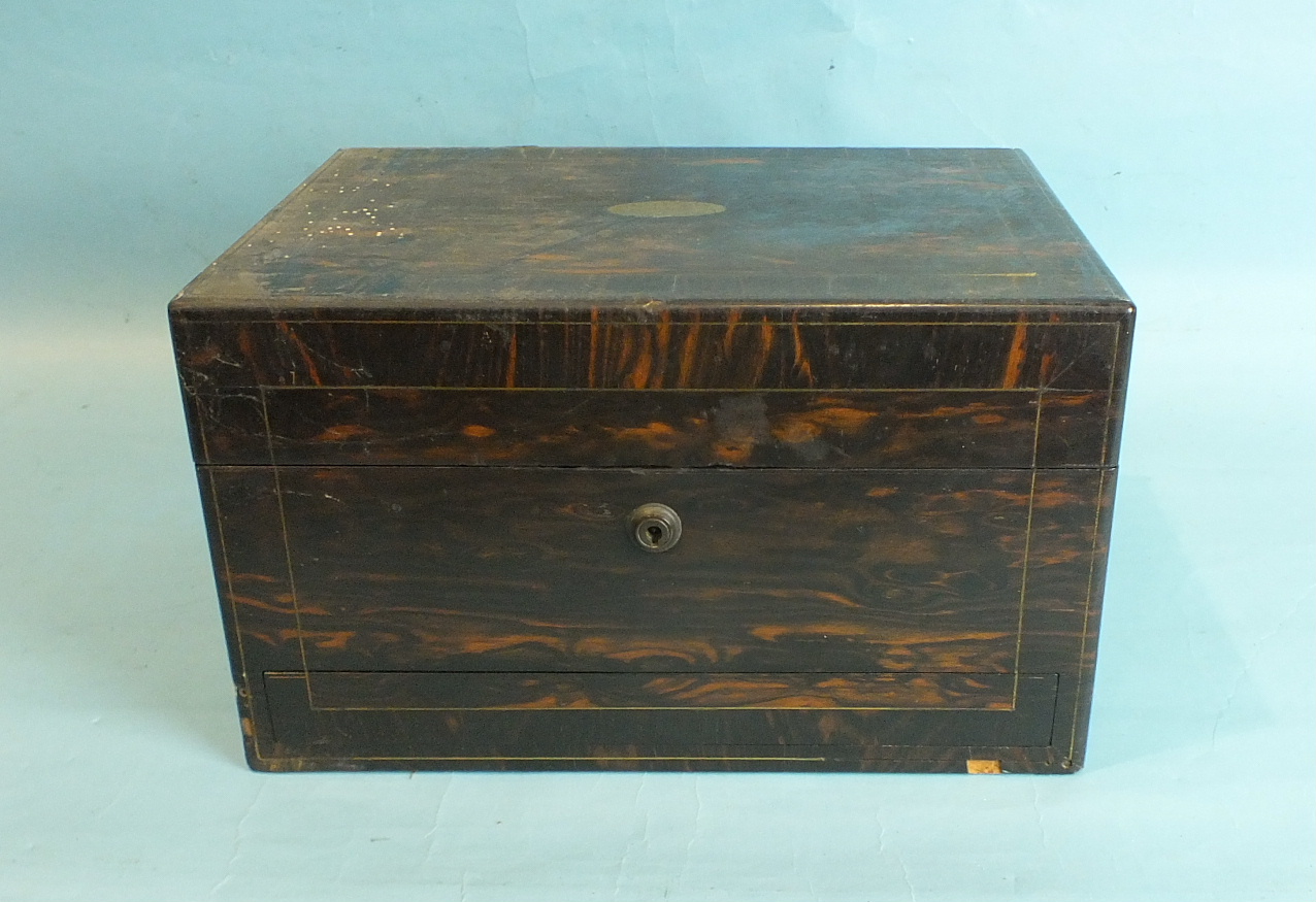 A Victorian ladies coromandel wood dressing case with plate-mounted bottles and concealed - Image 3 of 4