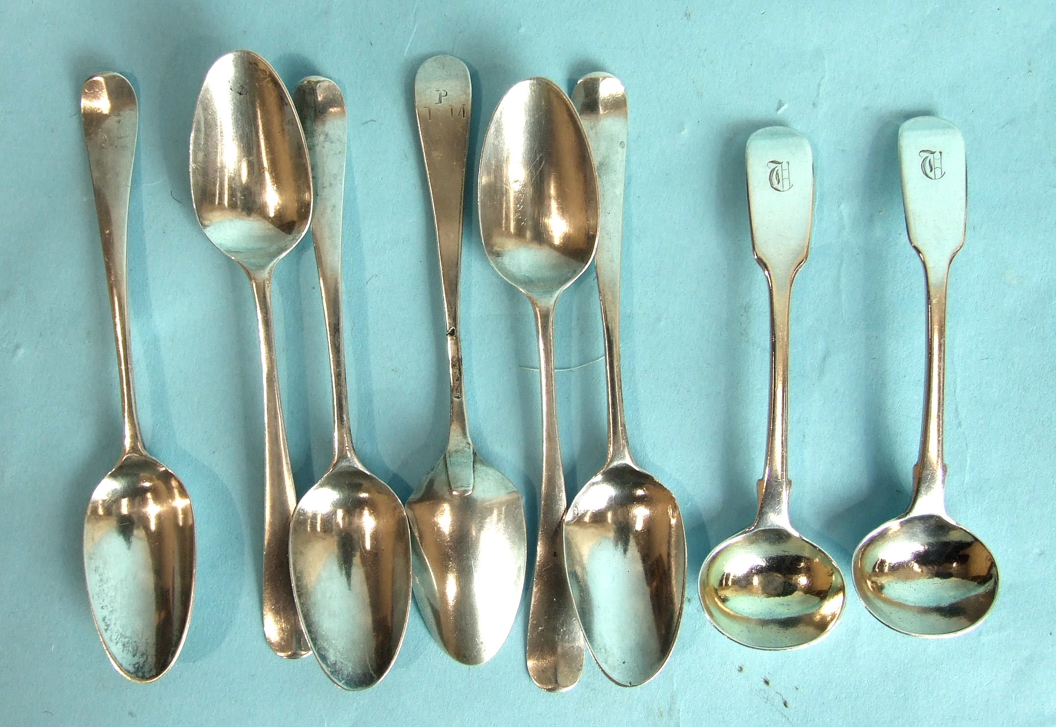 A pair of fiddle pattern mustard spoons, London 1839 and a set of six early-18th century Old English