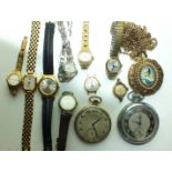 A Marvin Siciliano gold-plated keyless pocket watch and other watches.