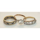 Three 9ct gold rings set synthetic stones, sizes N-O, 8.6g, (3).