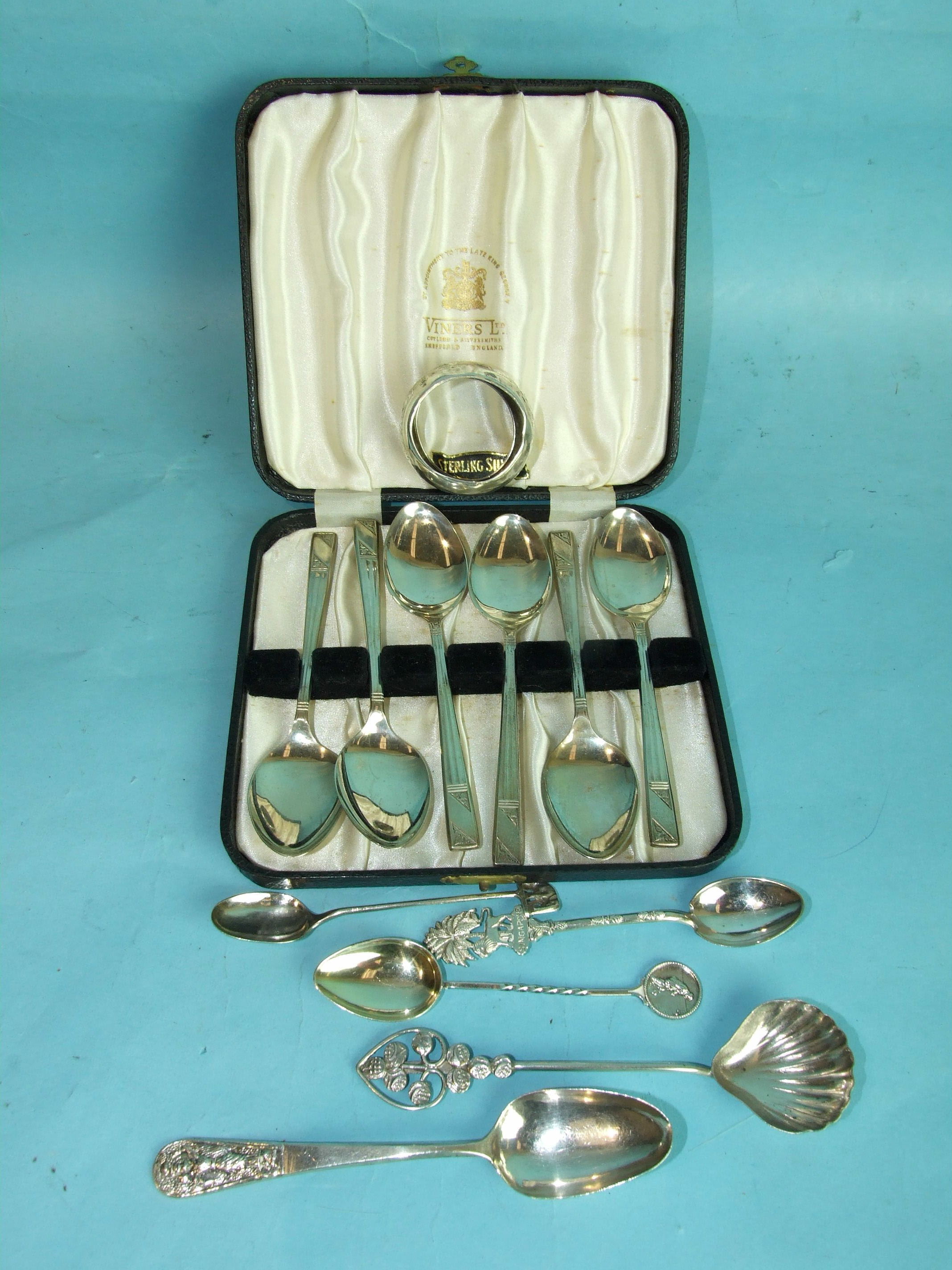 A cased set of six silver teaspoons, Sheffield 1959, a silver napkin ring and other white metal - Image 2 of 2