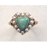 A modern green jade and demi-pearl heart-shaped cluster ring with 9ct gold mount, size L, 4.2g.