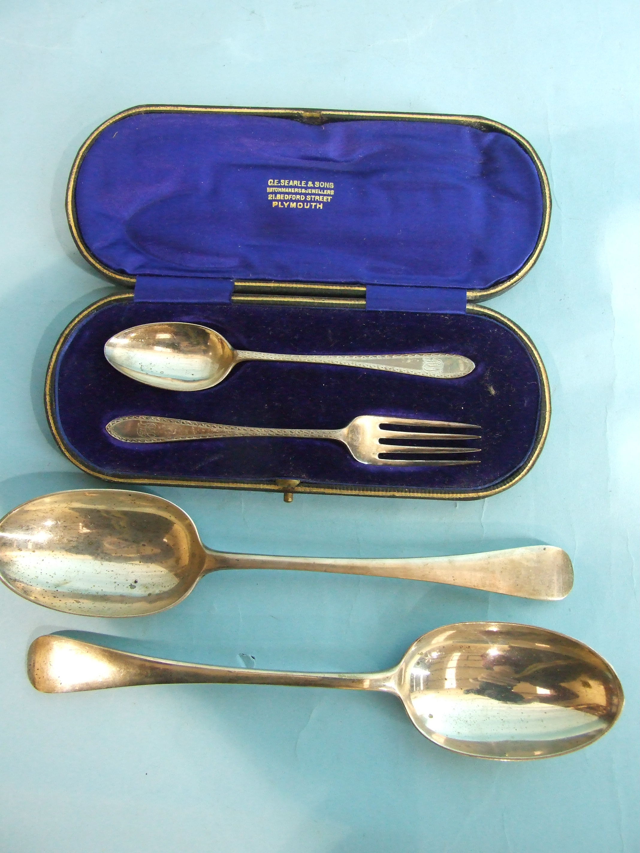 A bright-cut christening spoon and fork in fitted case, Sheffield 1909 and a pair of modern Old - Image 2 of 2