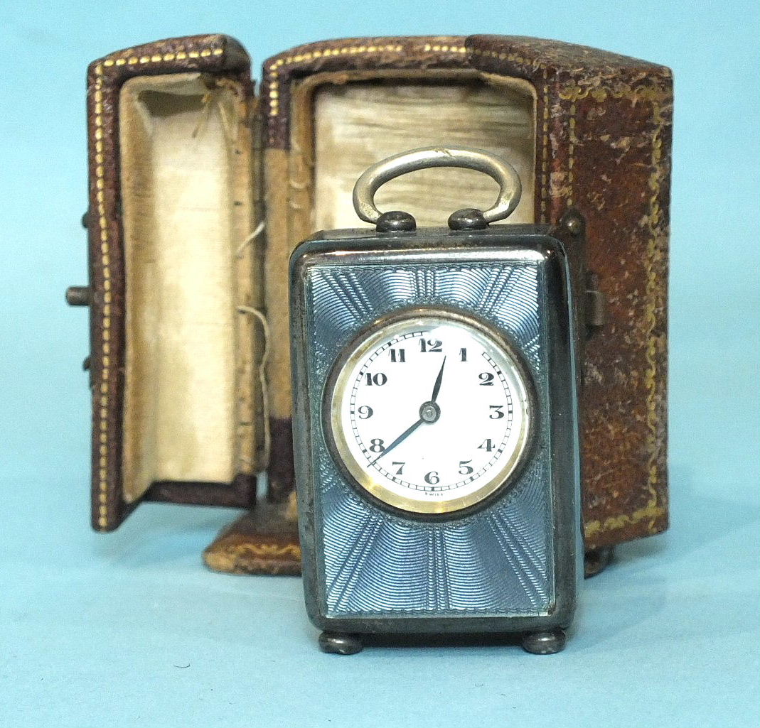 A Swiss silver and blue guilloche enamel miniature carriage clock by The Geneva Clock Co, the 14-