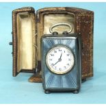 A Swiss silver and blue guilloche enamel miniature carriage clock by The Geneva Clock Co, the 14-