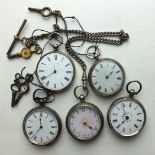 Five Continental silver-cased key-wind pocket watches of small size, (a/f), (5).