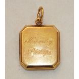 An octagonal 22ct gold locket with engraved inscription, 2.1 x 1.8cm, 7.6g.