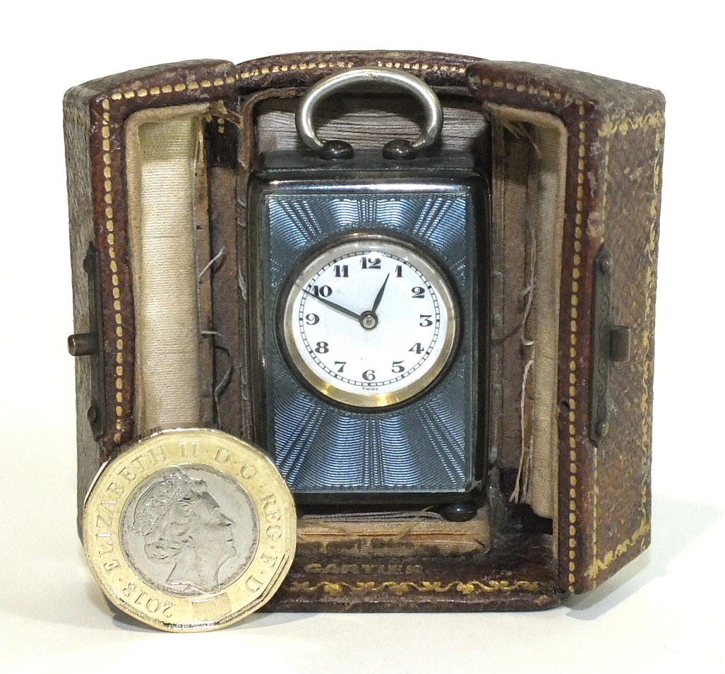 A Swiss silver and blue guilloche enamel miniature carriage clock by The Geneva Clock Co, the 14- - Image 6 of 6