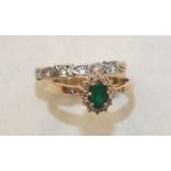 A 9ct gold emerald and synthetic white stone cluster ring, size R½ and a 9ct gold half-eternity