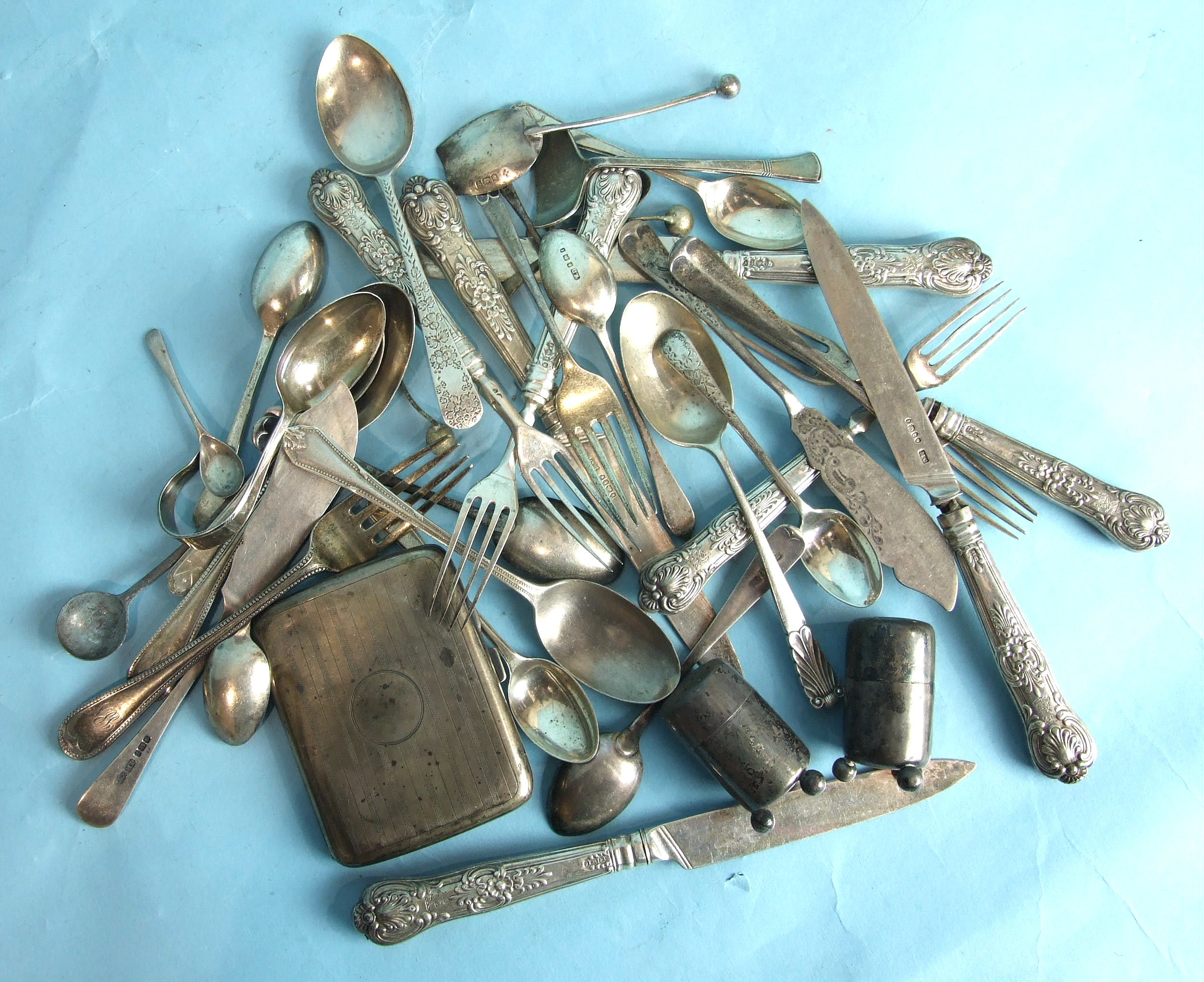 Four each Victorian dessert knives and forks with loaded handles, London 1874, a pair of pepper