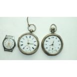 Two silver-cased open-face pocket watches, (1 a/f) and a Lomedo wrist watch, (a/f), (3).