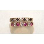 A ruby and diamond 9ct gold half-hoop ring, size Q½ and a similar sapphire and diamond ring, size