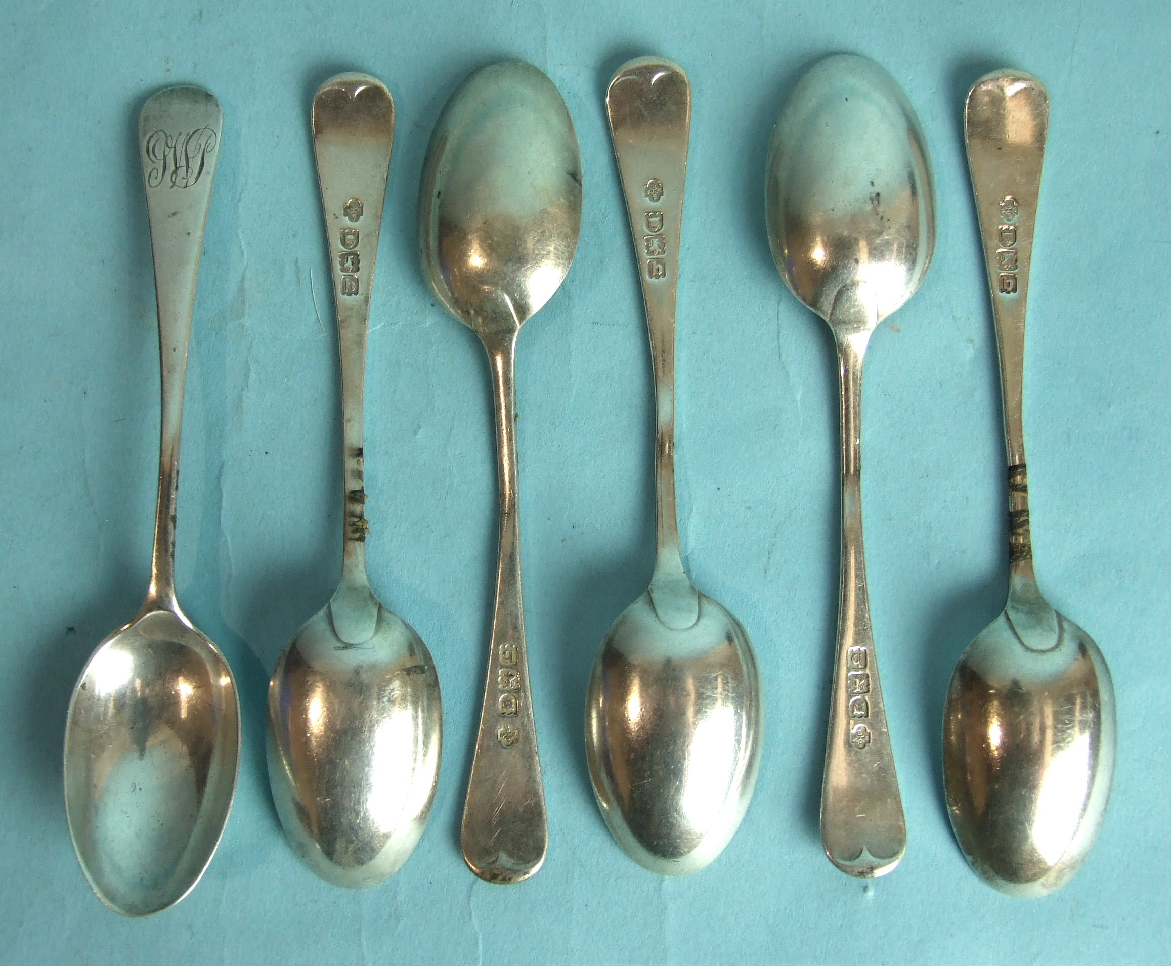 Six Old English pattern silver teaspoons, London 1897, ___3oz.