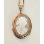 An oval shell cameo pendant with 9ct gold mount, on 9ct gold curb-link chain, gross weight 8.6g.