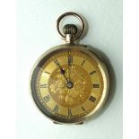 A ladies Continental 9ct-gold-cased open-face keyless pocket watch, the engraved gilded face with