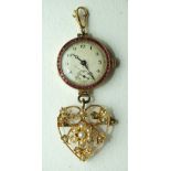 An 18ct-gold-cased wrist watch, (not working), with ruby-set bezel mounted as a fob watch, with a