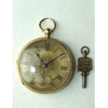 A gentleman's 18ct-gold-cased open-face key-wind pocket watch, the engraved gilt face with Roman
