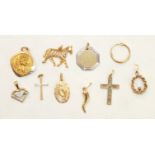 Five various 18ct gold pendants and a single hoop earring, 7.2g, a 9ct gold St Christopher