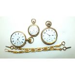 Three gold-plated keyless open-face pocket watches, (all a/f) and two plated watch chains, (5).