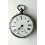 A silver-cased open-face fusée pocket watch, the white enamel dial with seconds subsidiary,
