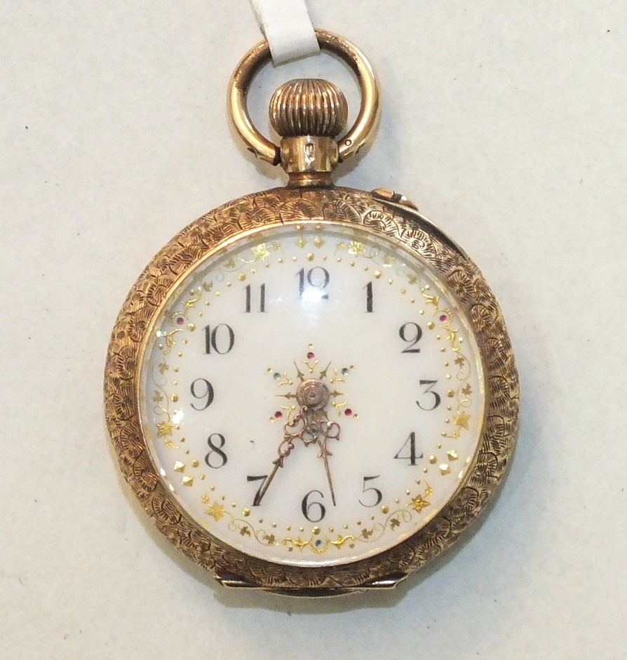 A Continental ladies 14k gold open-face keyless pocket watch, the white enamel dial with Arabic