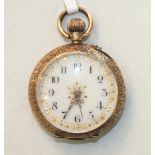 A Continental ladies 14k gold open-face keyless pocket watch, the white enamel dial with Arabic