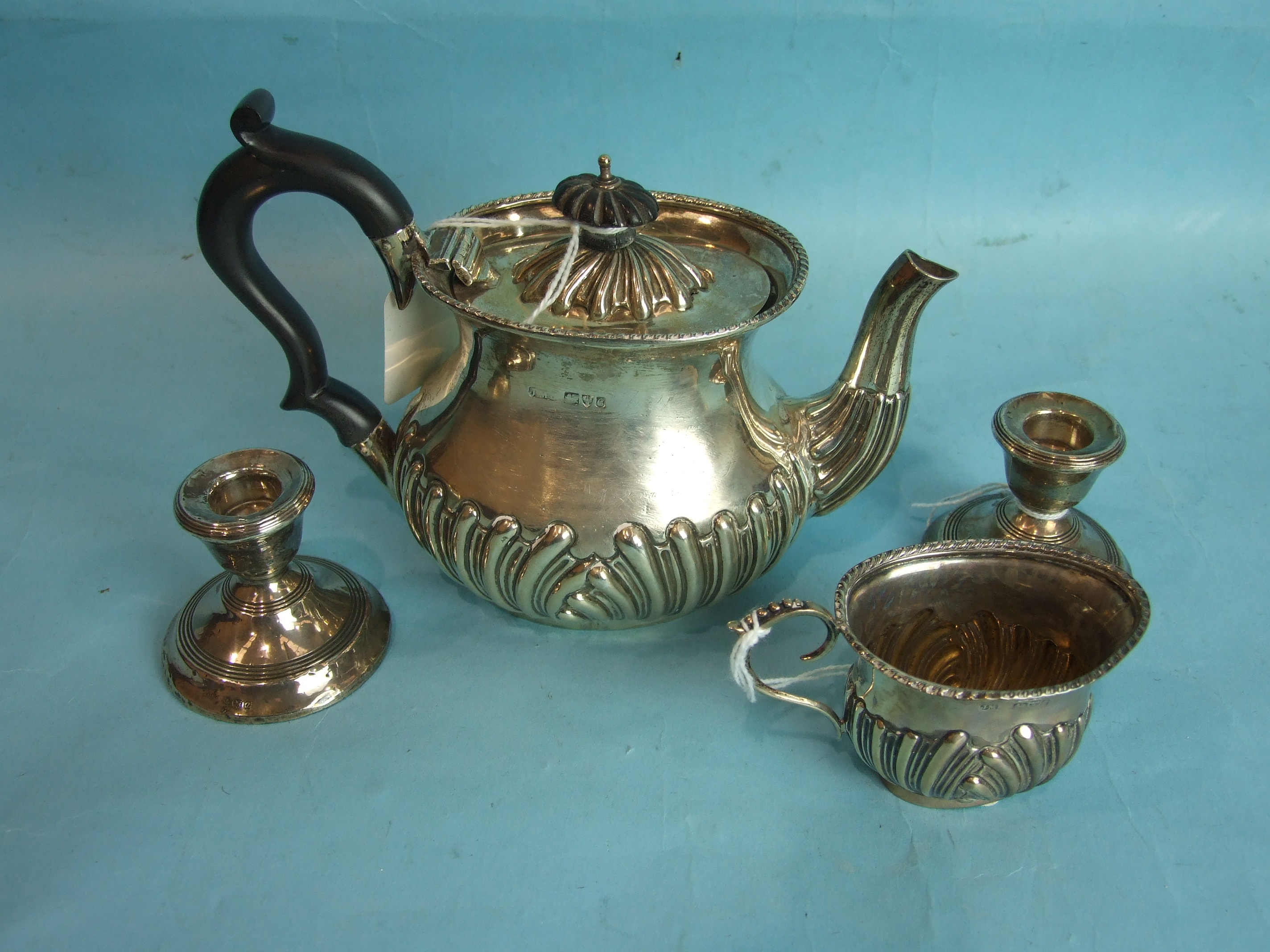 An Edwardian bachelor's half-gadrooned teapot and cream jug, Chester 1903, (inscription removed) and - Image 2 of 2