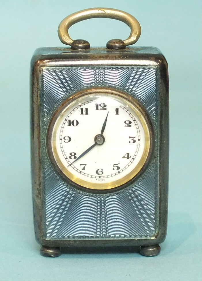 A Swiss silver and blue guilloche enamel miniature carriage clock by The Geneva Clock Co, the 14- - Image 2 of 6