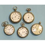 Five various steel-cased open-face pocket watches, (all a/f), (5).